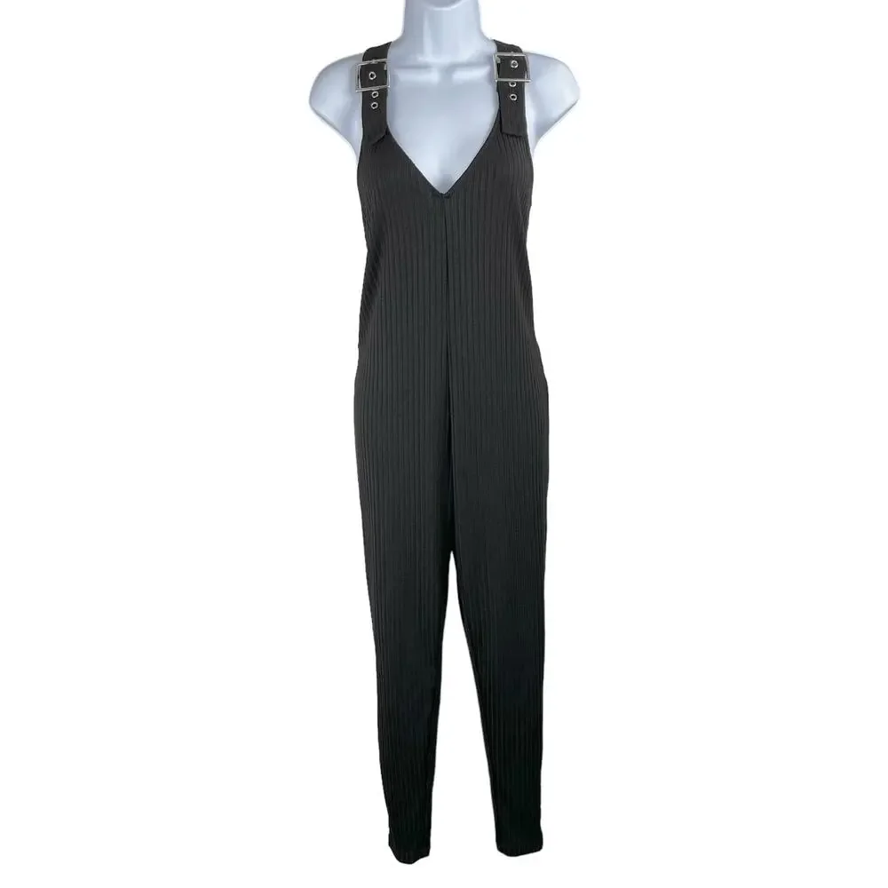 WeWoreWhat Black Ribbed Knit Jumpsuit XS Moto Overalls Buckle Strap Tapered Leg
